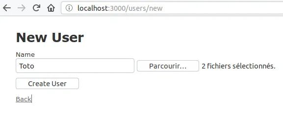 Formulaire de création d'un utilisateur avec les fichiers