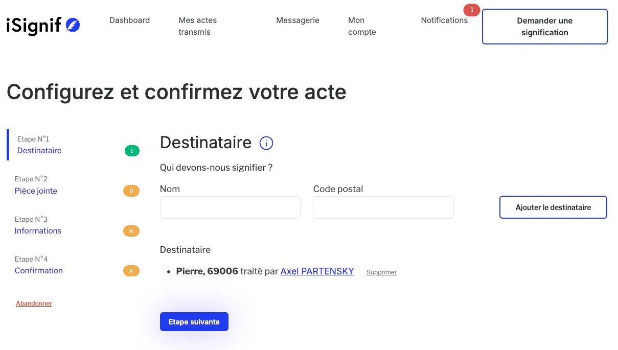 Formulaire de création d'un acte sur iSignif
