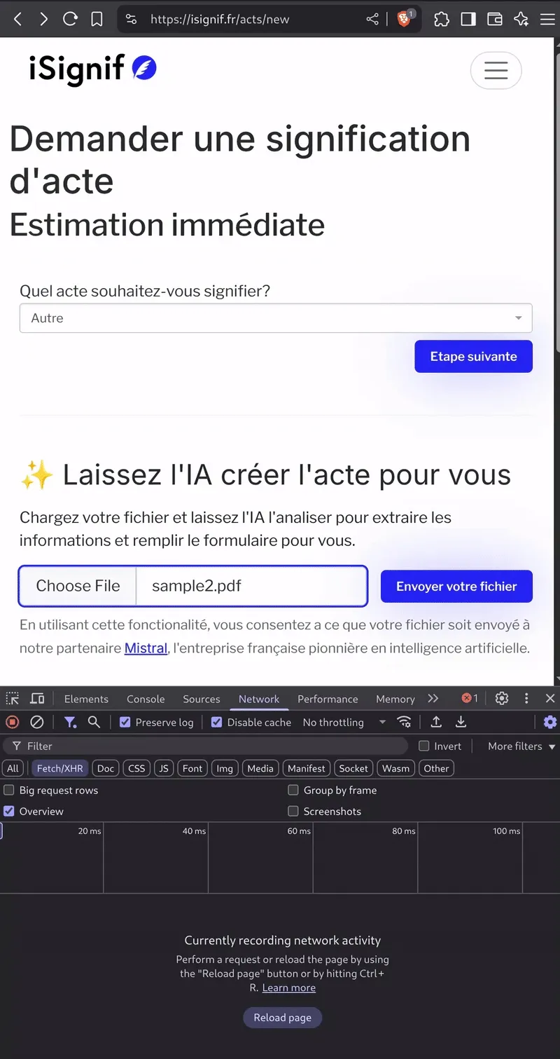 Capture d'écran de la création d'un acte avec l'IA