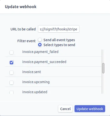Formulaire de création d'un Webhook