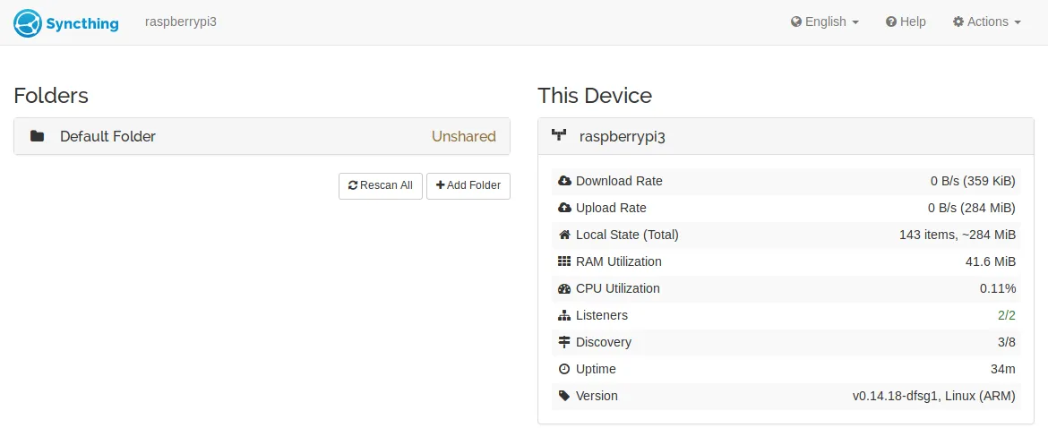 Interface principale de Syncthing